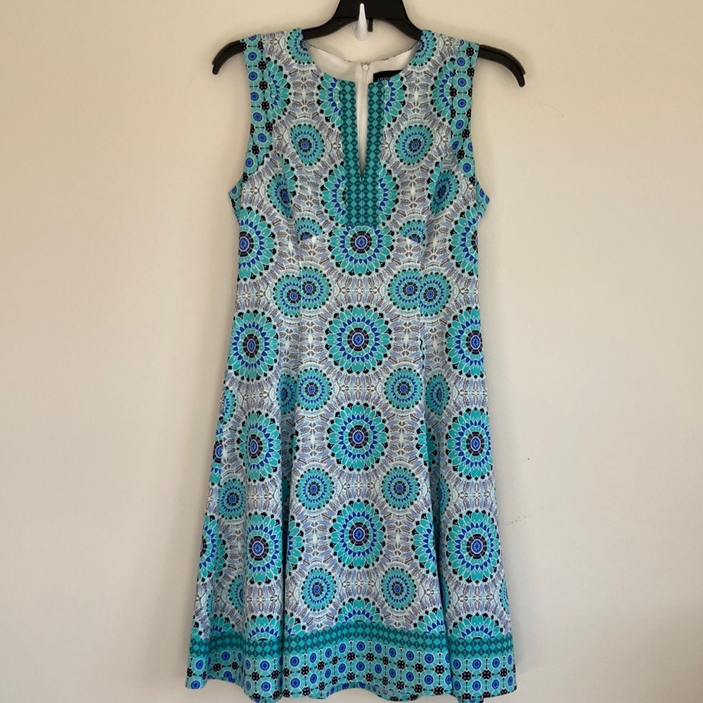 Liz Claiborne turquoise/blue patterned, fit and flare dress, size 4
